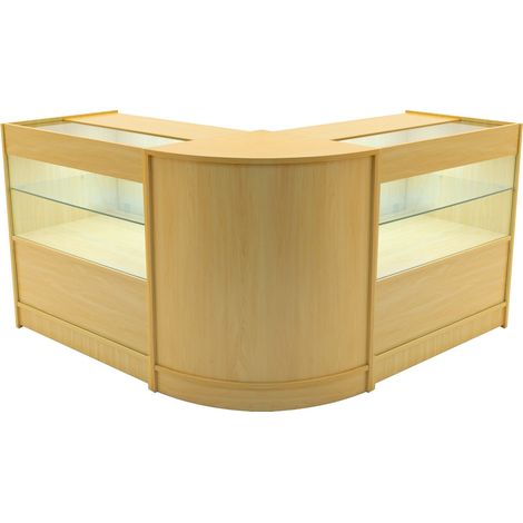 Set Mostradores Comerciales "SELENE"  Arce  2x C900+1xCM60  MDF y vidrio templado  Estantes y puertas corredizas con cerradura  Fácil Montaje  Mostrador Recepción Expositor Comercial Mesa (1/5)