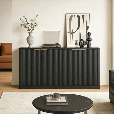 MEUBLIV Meuble TV 150 cm noir à 4 portes avec rangement et façade ondulée (1/5)