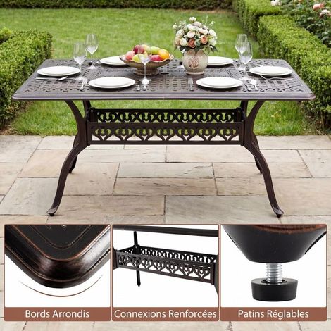 Terrasse et jardin repas 6-8 personnes table à manger d'extérieur vintage en fonte d'aluminium bronze avec trou parasol (1/5)