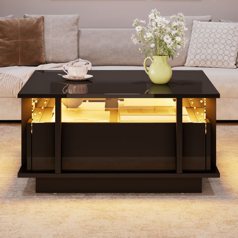 Table basse laquée brillante noire 70x70x35 cm, 2 tiroirs, éclairage LED, séparateur acrylique transparent. Meuble de salon, table d'appoint, parfait pour petits espaces. (1/5)