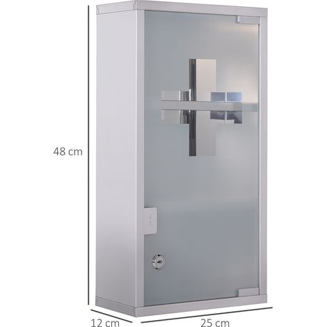 Medizinschrank aus Edelstahl Arzneischrank zur Medikamenten-Aufbewahrung, Abschließbar Medikamentenschrank mit 3 Fächer, Glastür 25 x 12 x 48 cm, Silber