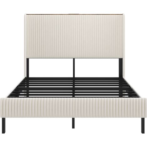 Cama capitoné 160 x 200 cm en terciopelo acanalado beige y crema con estructura metálica (1/5)
