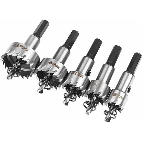 Set di seghe a tazza, set di 5 punte da trapano HSS in cobalto Ø16/18,5/20/25/30 mm, sega a tazza in acciaio legato ad alta velocità, acciaio, acciaio inossidabile, adatta per legno, plastica, metallo (1/5)