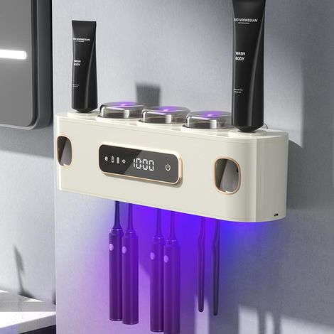 Soporte de pared beige para cepillos de dientes con luz UV, función de secado, pantalla táctil LED y 2 dispensadores de pasta de dientes, para baño.