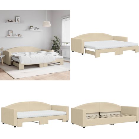 Lit de jour avec gigogne et matelas crème 90x200 cm tissu - Canapé Convertible - Lit Gigogne - Meuble Multifonctionnel - Lit Invité - Literie - Home & Living (1/5)