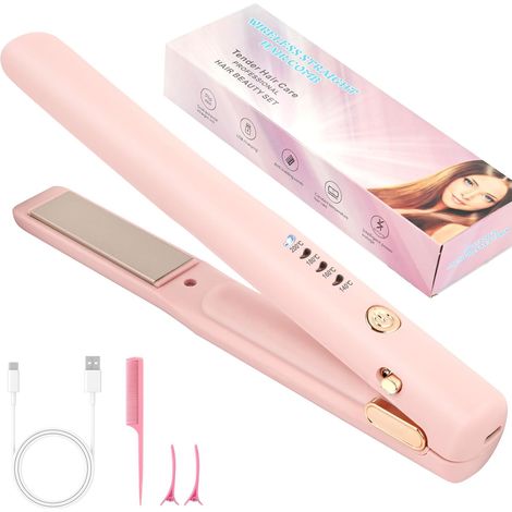 Lisseur Cheveux Sans Fil Rechargeable, 4 Températures Réglables 140-200°C, Mini Lisseur Portable avec Peigne, Pinces et Câble USB, Rose, pour Voyage et Coiffage (1/5)