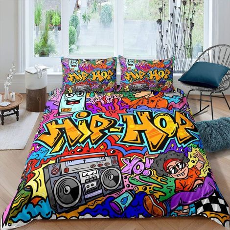 Housse de Couette 200x200 Enfant en Microfibre avec 2 Taies d'oreiller, Parure de Lit Graffiti Couleur Hip Hop pour Jeunes Adultes, Ensemble de Literie Moderne Graffiti Street Art (1/4)