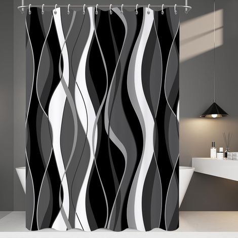 Rideau de Douche, 150x180cm, Moderne Abstrait Noir Gris Blanc Ombre Rayé Art Minimaliste Imperméable Rideau de Salle de Bain Lavable en Machine avec Crochets (1/5)