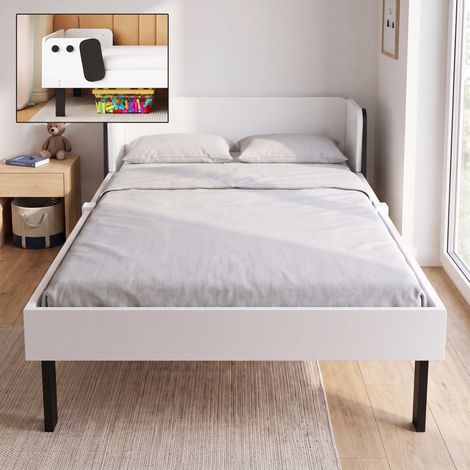 Lit simple 90x200 cm avec sommier, lit enfant avec tête de lit en forme de chiot, bois et métal, style minimaliste, Blanc (1/5)