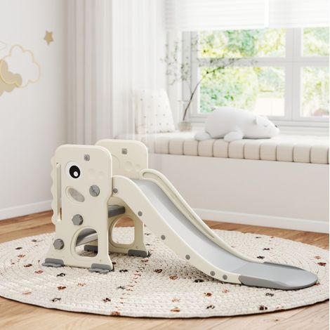 Toboggan enfant 3 en 1 avec structure d'escalade, panier de basket et balle, pliable à plat pour intérieur, style dinosaure crème - CHICFURN (1/5)