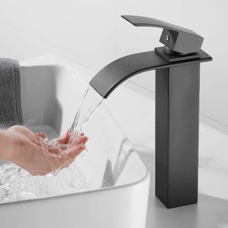 Grifería alta para lavabo, grifo de cascada para baño con agua fría y caliente disponible, mezclador alto para lavabo en negro mate (1/5)