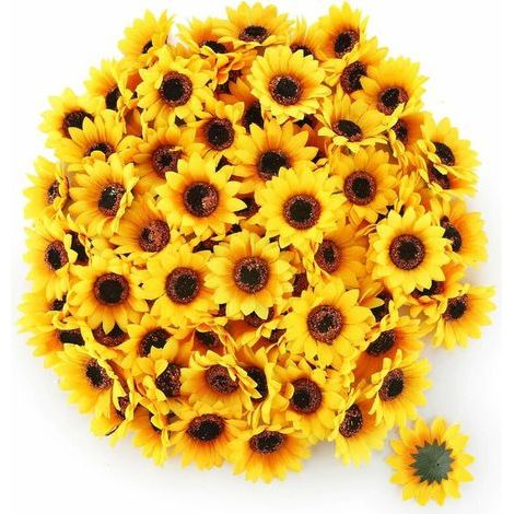 100 künstliche Seiden-Sonnenblumenköpfe, künstliche gelbe Sonnenblumen für Heim-, Garten-, Büro- und Hochzeitsdekoration, Weihnachtssträuße (Durchmesser 4,5 cm) (1/5)