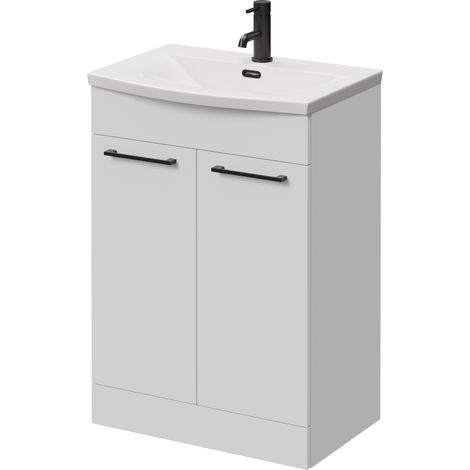 Napoli 390 Gloss White 600mm 2 Door Vanity Unit with Arc Basin - 600mm - Matt Black 160mm Handle