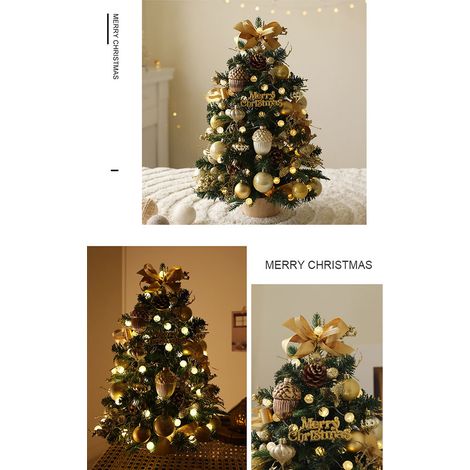 Petit sapin décoratif 45 cm à effet neige, ornements bronze‑dorés et nœuds jute, guirlande lumineuse fournie (piles non incluses), déco de table Noël intérieur, multicolore (1/5)