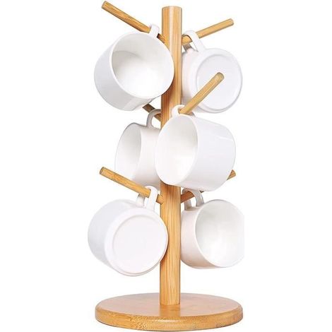 Porte-tasses en bois, Arbre à tasses de Café, Support de table à tasses de thé, Porte-Gobelet avec 6 crochets pour comptoir (1/4)