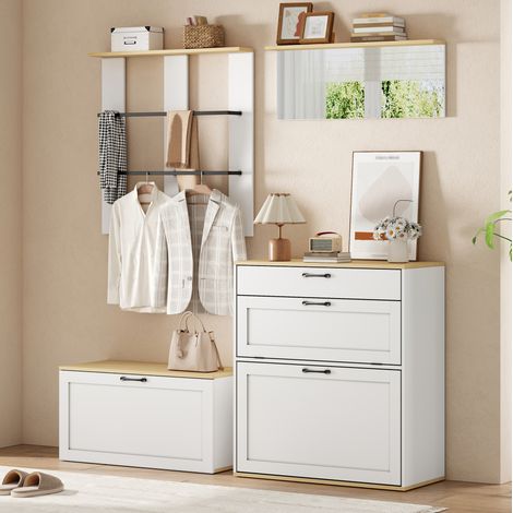 Guardaroba modulare per ingresso con scarpiera, specchio e appendiabiti, bianco e legno DESVIAE (1/5)