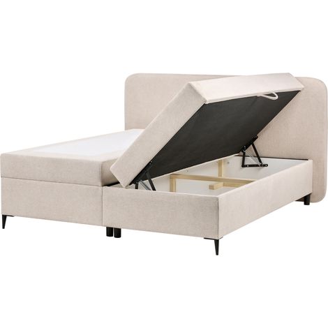 Cama continental con almacenaje elevable tapizado de tela repelente al agua con cabecero 160 x 200 cm beige claro Regent