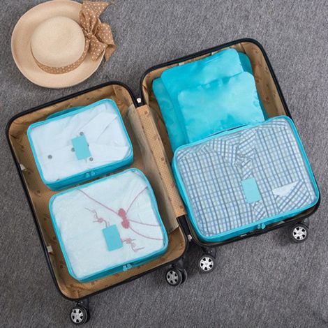 Ensemble de 7 sacs de rangement respirants de grande capacité pour le camping, l'alpinisme et les vacances (bleu clair). (1/5)