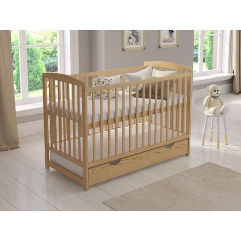 Lit bebe 120x60cm avec tiroir,Lit Bebe evolutif avec Matelas en Mousse,barrière de sécurité en Bois et Gaine protectrice, Pin (1/5)