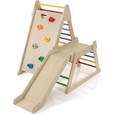 COSTWAY 3 in 1 Arrampicata per Bambini, Set Arrampicata Montessori in Legno con Scivolo, Rampa su Roccia e Scaletta, Parco Giochi Interno per Bambini 3+ Anni (Colorato) (1/4)