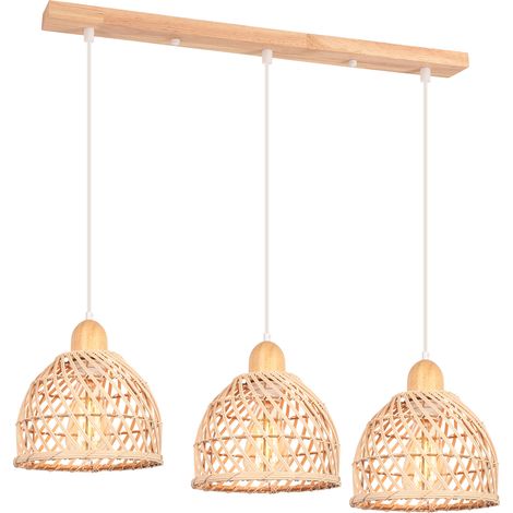 Suspension luminaire vintage 3 lumières en bambou – Lampe de plafond rétro moderne – Hauteur 15 cm – Longueur 50 cm – Tension 110-240V – Norcks