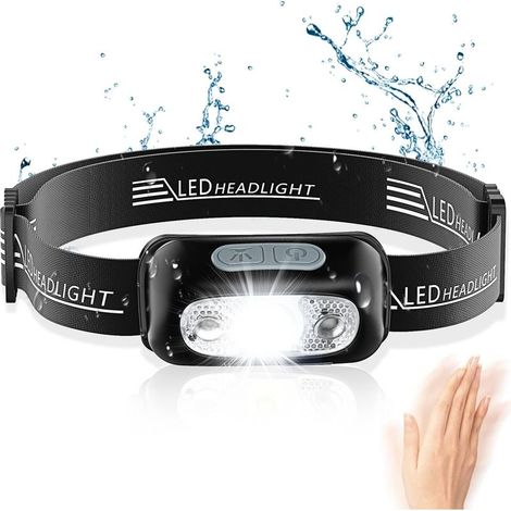 Lampe frontale, puissante lampe frontale à LED avec détecteur de mouvement, étanche IPX6, 4 modes d'éclairage, lampe frontale professionnelle rechargeable par USB pour le camping, la randonnée, la cou (1/5)