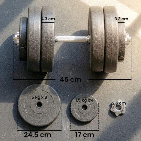 Ensemble d'haltères de 50 kg pour la musculation (12 pièces : 8 x 5 kg, 4 x 1,5 kg), acier et plastique PE, noir (1/5)