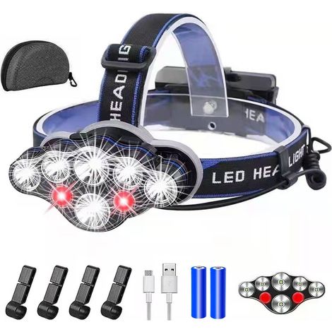 Lampe Frontale LED Longue Portée 8 LED Bandeau Bleu Roi 2 Batteries 18650 Casque 4 Clips Étui USB Rechargeable Pêche (1/5)