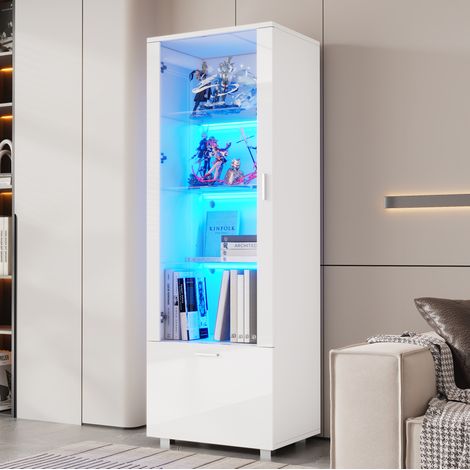 Vetrina 50/40/160 cm bianca lucida con LED, ante in acrilico e 3 ripiani in vetro (1/5)