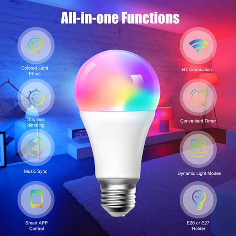 Ampoule intelligente RGB + CCT, connexion BT, contrôle par application, LED, changement de couleur, avec synchronisation de la musique et minuterie, intensité variable, 800 lumens (1/5)