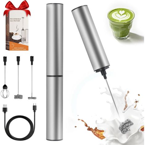 Mousseur à Lait Électrique avec 3 Types de Têtes Mélange, 2 Types de Vitesse Fouet Électrique USB Rechargeable en Acier Inoxydable pour Café, Lait et Plus (1/5)