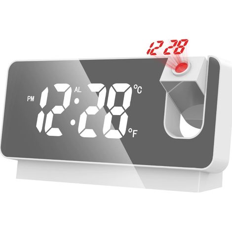 Réveil projecteur, horloge miroir numérique avec projecteur rotatif à 180°, affichage de la température et de la date, fonction alarme, port de chargement USB, pour chambre, maison, blanc (1/2)