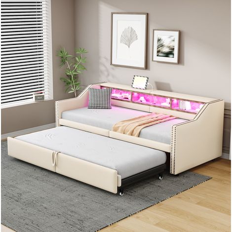 Divano letto estraibile 90/180x200 cm beige in tessuto effetto lino con LED e USB (1/5)