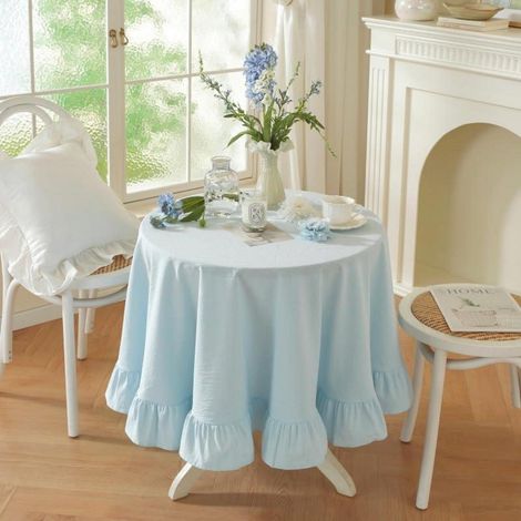 Nappe ronde 180cm Coton Lin avec volants Style campagnard Bleu clair