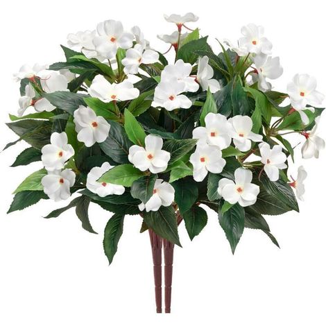 Bouquet d'impatiens artificiels à 7 tiges pour terrasse, pelouse, jardin, décoration de mariage, accessoires de photographie (2 pièces) Blanc (1/3)