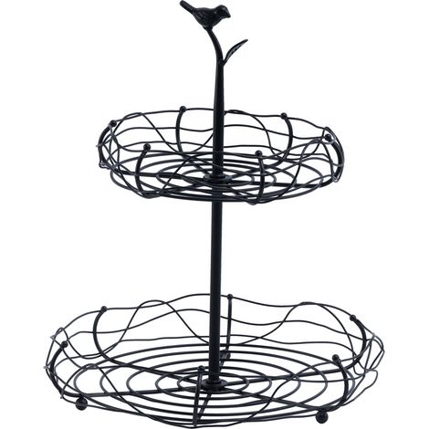 Corbeille à fruits à 2 étages – Charmante poignée d'oiseau, organisateur multifonction pour fruits et légumes pour comptoir de cuisine et table (1/5)