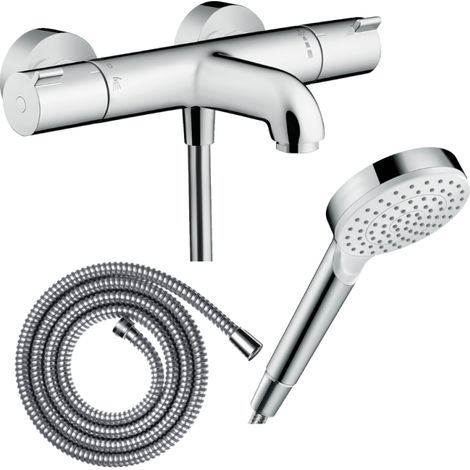 Pack mitigeur bain thermostatique HANSGROHE Ecostat 1001CL + Flexible Metaflex + Pommeau Vernis Blend 100 EcoSmart 1jet chromé