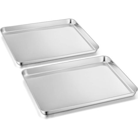 Lot de 2 plaques à pâtisserie en acier inoxydable (26,5x20,4x2,5cm), rectangulaires, pour la cuisson, le service, la finition miroir et non toxique, passent au lave-vaisselle, métal argenté (1/5)