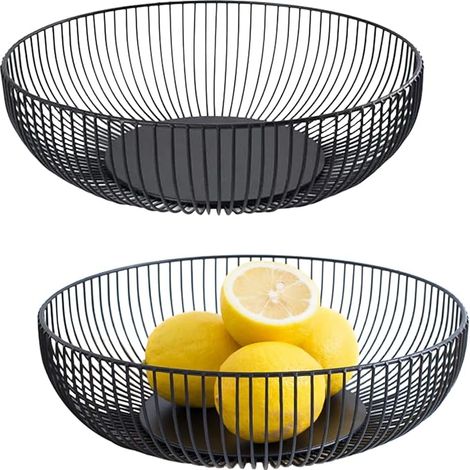 Lot de 2 Corbeilles à Fruits en Métal 28×8cm – Paniers Noirs Ronds Design en Fil de Fer – Centre de Table Décoratif pour Cuisine, Fruits, Pain ou Légumes (1/5)