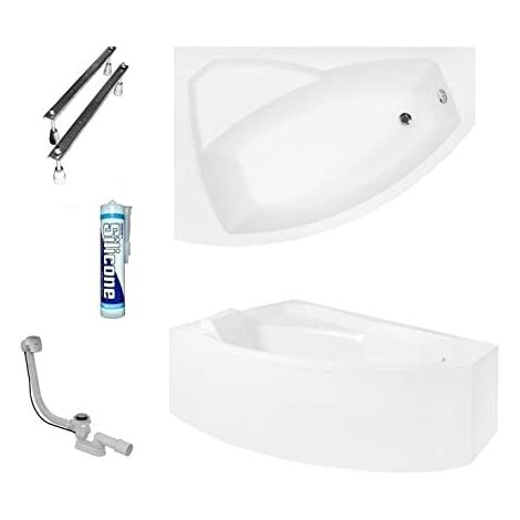 ECOLAM Baignoire d'angle Rima 160x100 cm version gauche tablier acrylique pieds siphon + silicone Belle forme Set complet (1/5)
