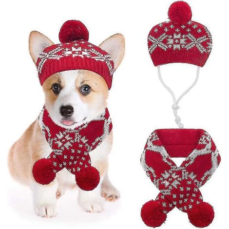 2 pièces vêtements pour chien de Noël ensemble chapeau et écharpe tricotés impression flocon de neige et renne (1/4)