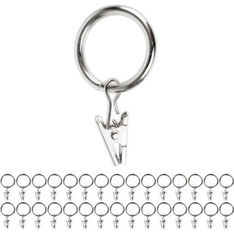 Pinces à Rideaux avec Anneaux, 30 pièces, en Couleur Argent, Ø 32 mm extérieur, Ø 25 mm intérieur, Clip Rideau avec Crochet, Pince (1/4)
