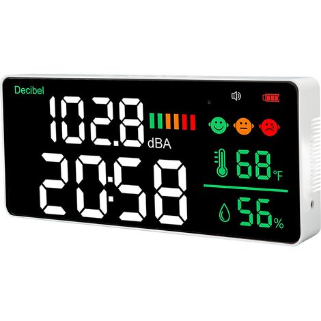 Sonomètre mural 30-130dB, afficheur LED 11 pouces avec horloge, thermomètre et hygromètre, mesureur de niveau sonore pour intérieur (1/5)