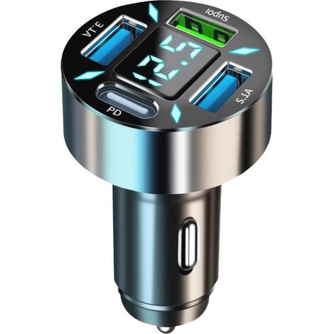 Cargador de coche USB C con 4 puertos y voltímetro LED - Cargador rápido de 50 W QC3.0 y PD para teléfono y tableta. (1/5)