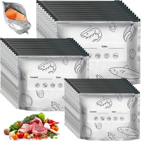 Pack of 30 Freezer Bags Zipper, Reusable Freezer Bags in 3 Sizes, Aluminium Foil Bags with Labelling Field, Aluminium Foil Bags for Meat, Seafood and Vegetables, BPA-Free (1/5)