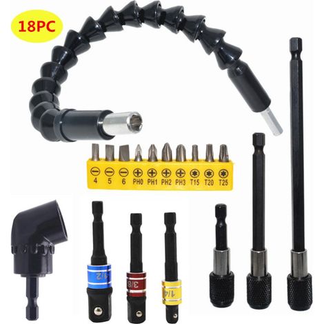 Kit de rallonges flexibles pour forets, comprenant une rallonge coudée à 105°, un adaptateur universel pour douilles (3 pièces : 1/4", 3/8" et 1/2"), un porte-forets (3 pièces) et un kit d'embouts de (1/5)