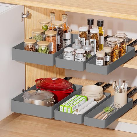 Tiroir Coulissant Extensible Adhésif Sans Perçage, Rangement Cuisine Pratique Pour Casseroles Poêles, Structure Solide Couleur Gris Taille Petit (1/5)