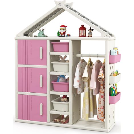 COSTWAY Armadio per Bambini, Organizzatore a Forma di Casa con 1 Lavagna, 3 Armadietti, 4 Cestini, 3 Cubi Chiusi e 3 Cestini Laterali, Armadietto Salvaspazio per Camera da Letto e Soggiorno (Rosa)