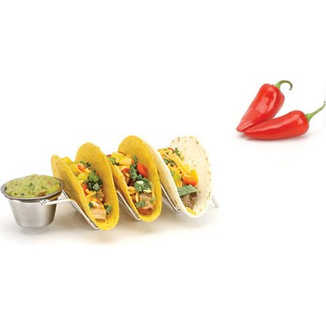 Taco-Ständer aus Edelstahl, 3 V-förmige Roste, glänzend, für Küche und Haushalt, mit Saucenbecher (1/5)