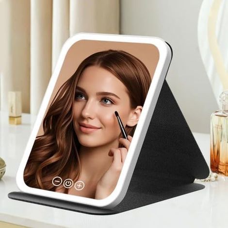 LED Miroir Maquillage Pliable,Miroirs de Table Portable avec Lumière,Miroirs de Voyage,Miroirs de Maquillage de Table,Miroir Cosmétique Super HDMiroirs Coiffeuse LED Écran Tactile (Carré Noir) (1/5)